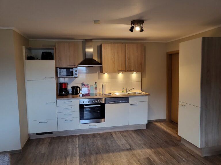 Moderne Küche in Ferienwohnung Brak mit Herd, Kühlschrank und Mikrowelle.