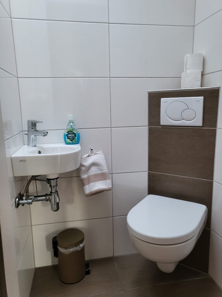 Modernes Badezimmer mit WC, Waschbecken und Hygieneartikeln in Ferienwohnung Brak.