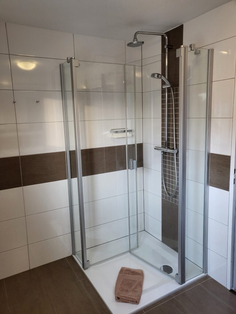 Duschkabine in Ferienwohnung mit Glaswänden und Regalelementen.