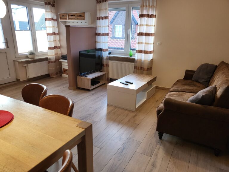 Gemütliches Wohnzimmer in Ferienwohnung Brak mit Blick auf die Stadt, komfortable Couch und moderner.