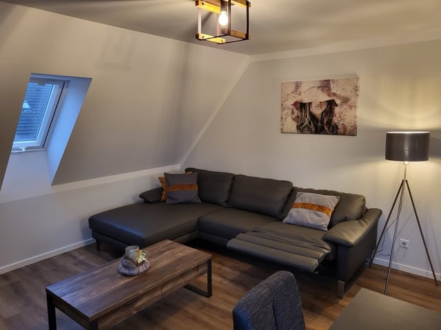 Modernes Wohnzimmer in Ferienwohnung Brak mit Sofa, Dekoration und Dachfenster.